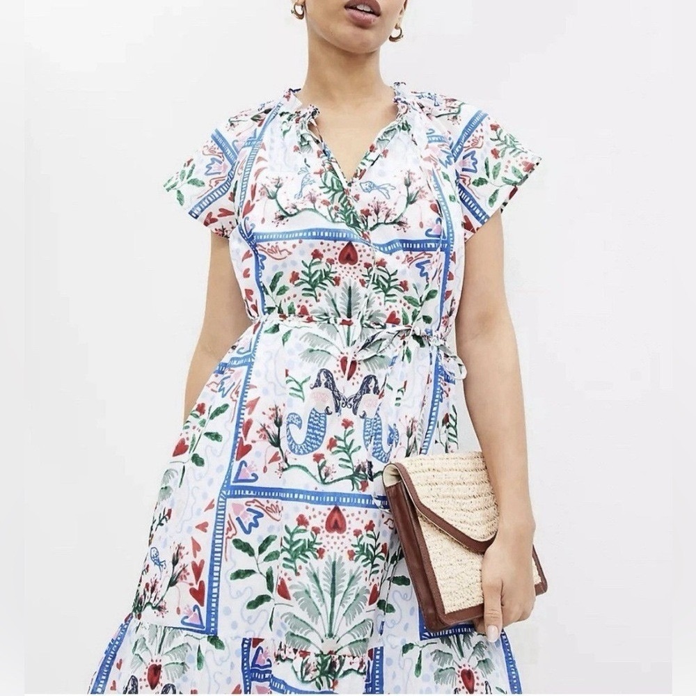 LOFT Mermaid Garden Tie Neck Midi Dress XXL Blue & White Majolica Print